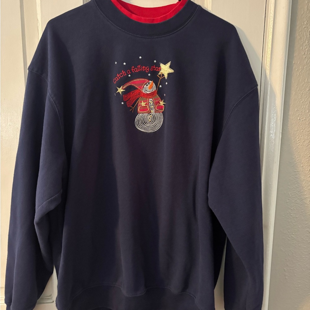 Navy Crewneck Sweatshirt with Red Graphic Accent